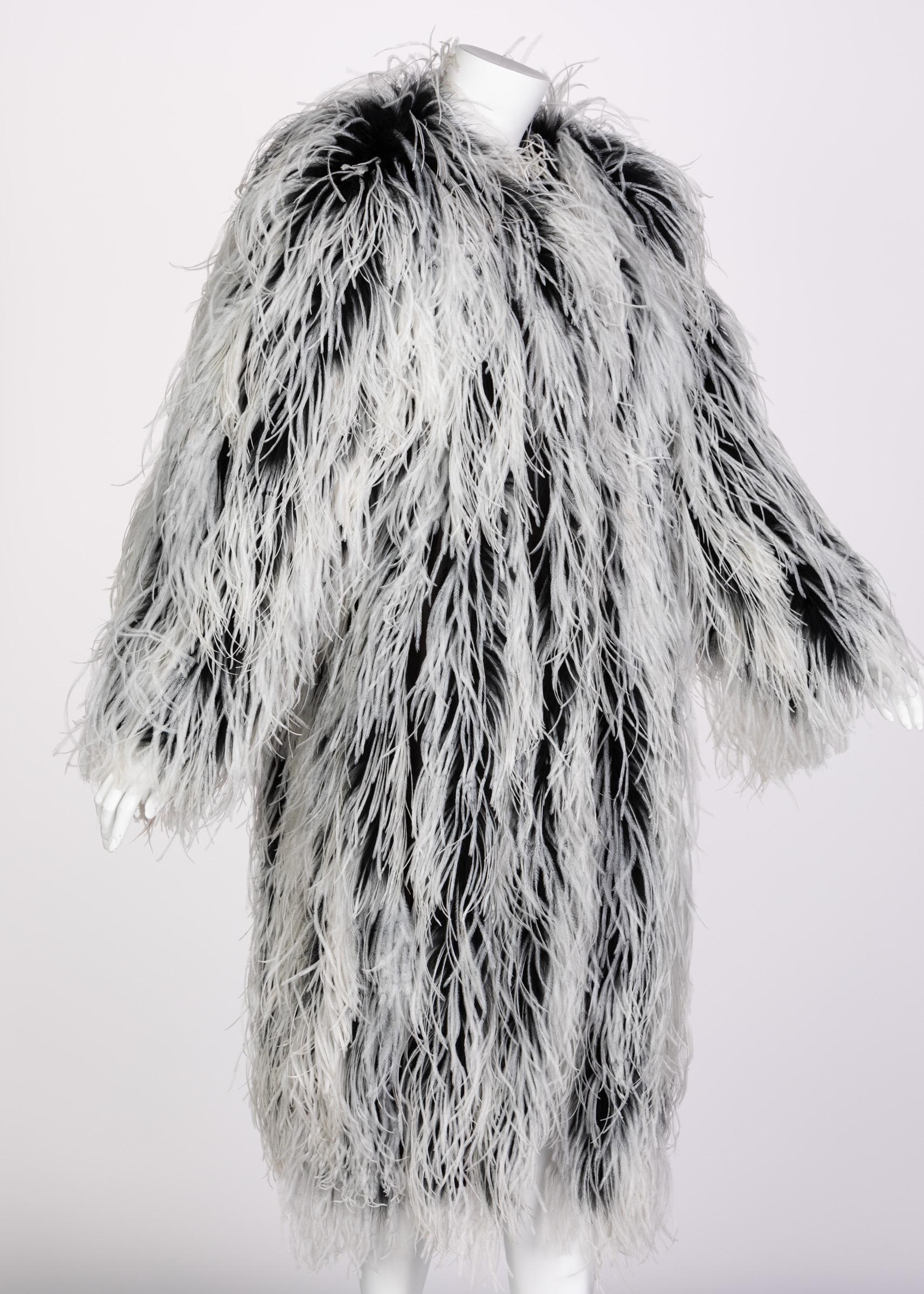 Yves Saint Laurent White Black Ostrich Feather Coat YSL Rare Documented 1960s In Excellent Condition In Boca Raton, FL