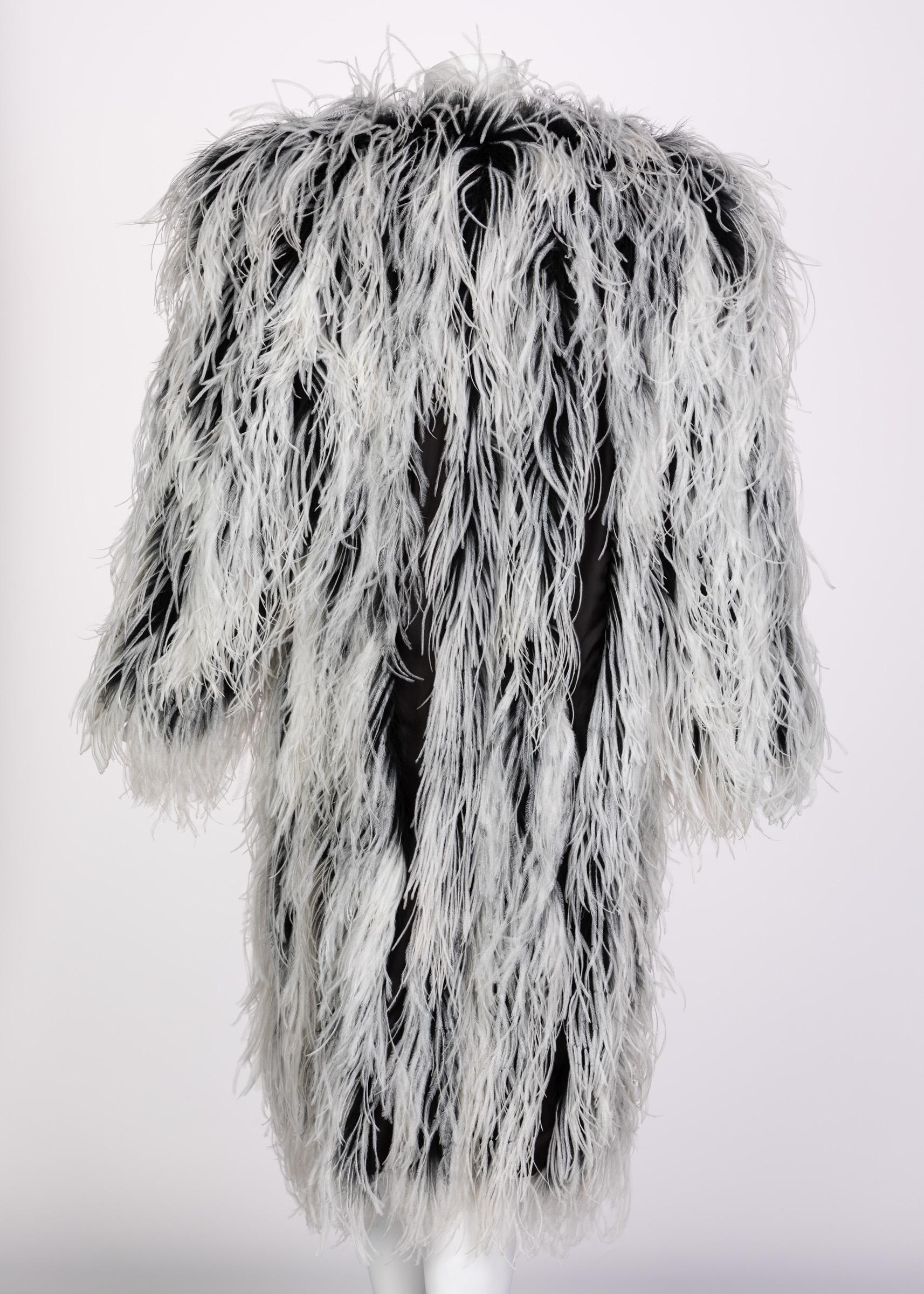 Yves Saint Laurent White Black Ostrich Feather Coat YSL Rare Documented 1960s In Excellent Condition In Boca Raton, FL