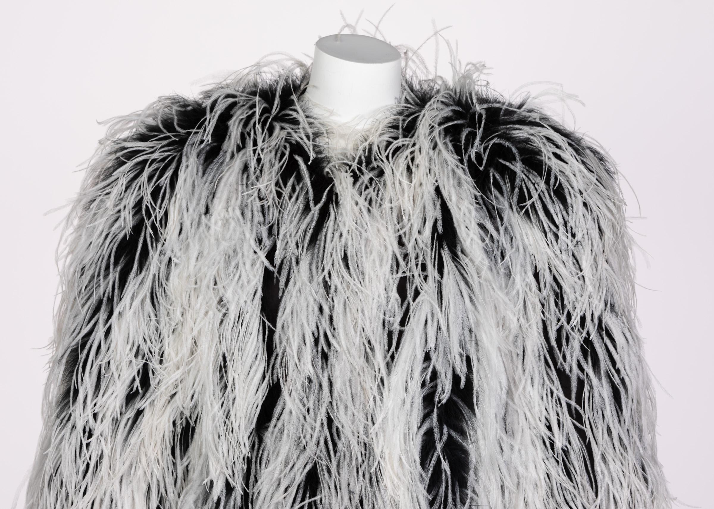 Yves Saint Laurent White Black Ostrich Feather Coat YSL Rare Documented 1960s 2