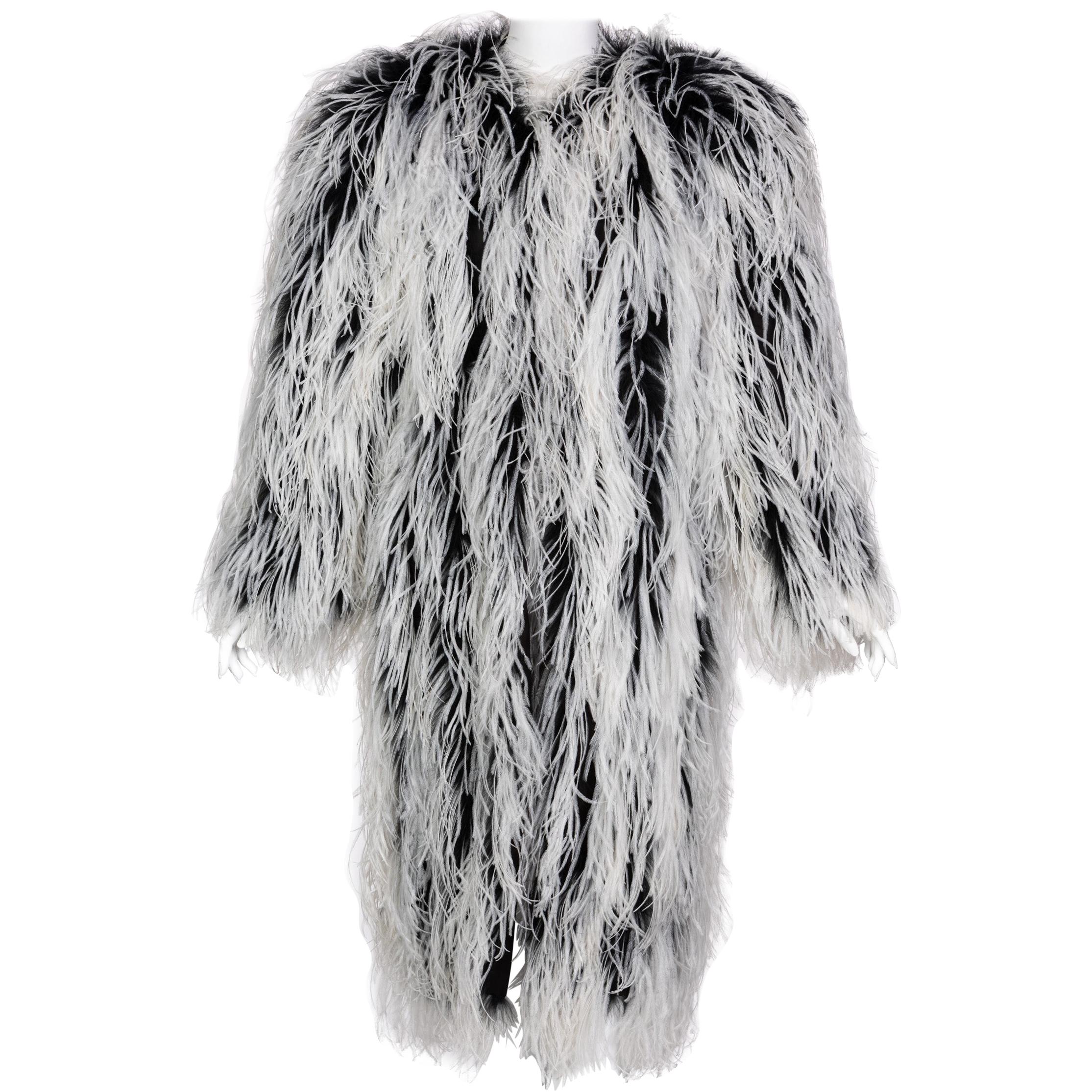 Yves Saint Laurent White Black Ostrich Feather Coat YSL Rare Documented 1960s