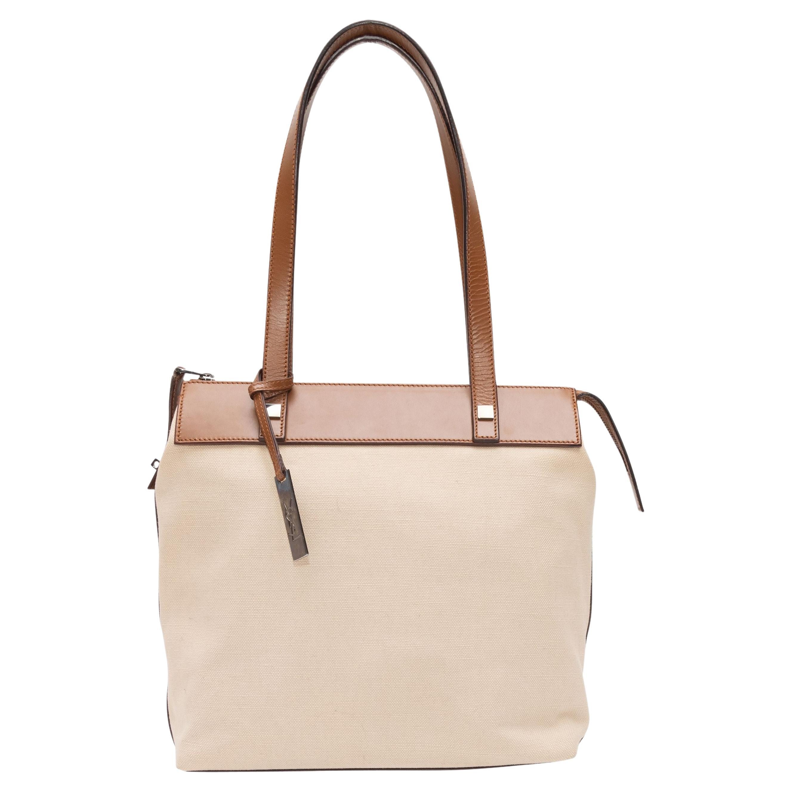 Yves Saint Laurent White and Brown Canvas and Leather Shoulder Bag For Sale  at 1stDibs