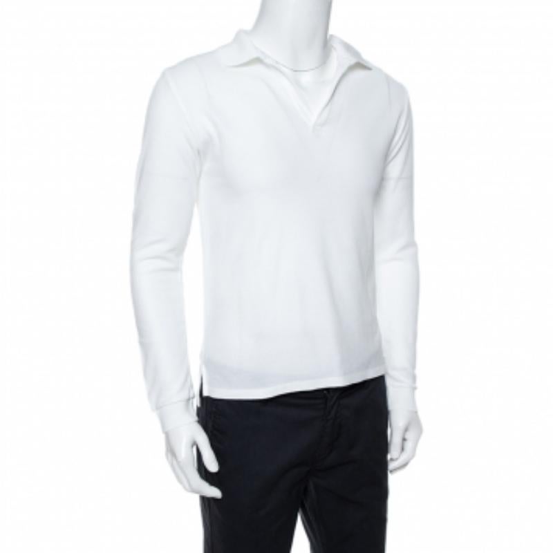 Yves Saint Laurent White Cotton Long Sleeve Polo T-Shirt XL In Good Condition For Sale In Dubai, Al Qouz 2