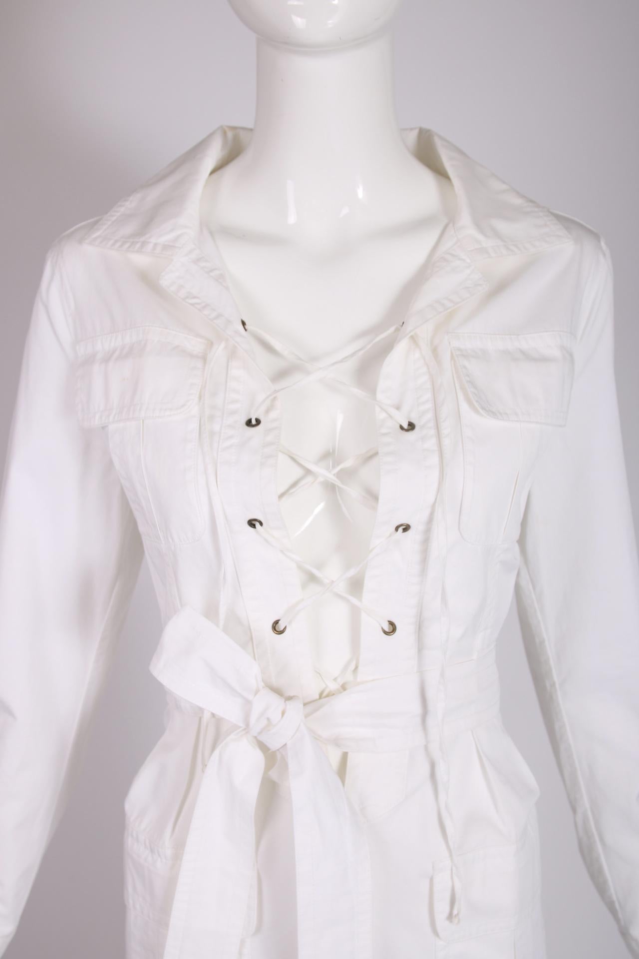 Yves Saint Laurent White Cotton Safari Dress In Excellent Condition In Studio City, CA