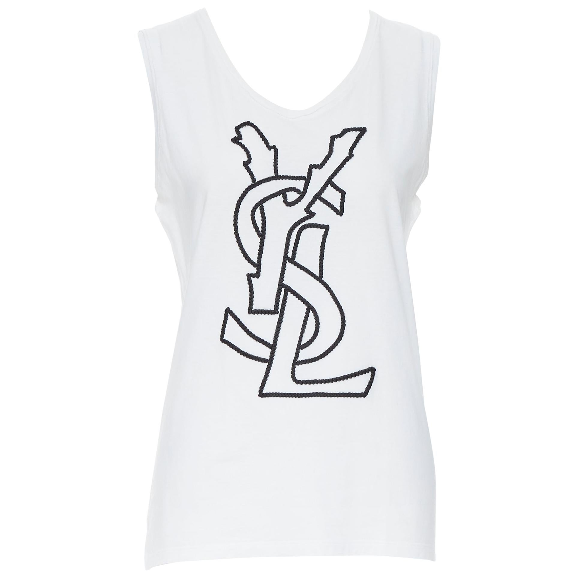 YVES SAINT LAURENT white cotton YSL logo embroidery sleeveless 
