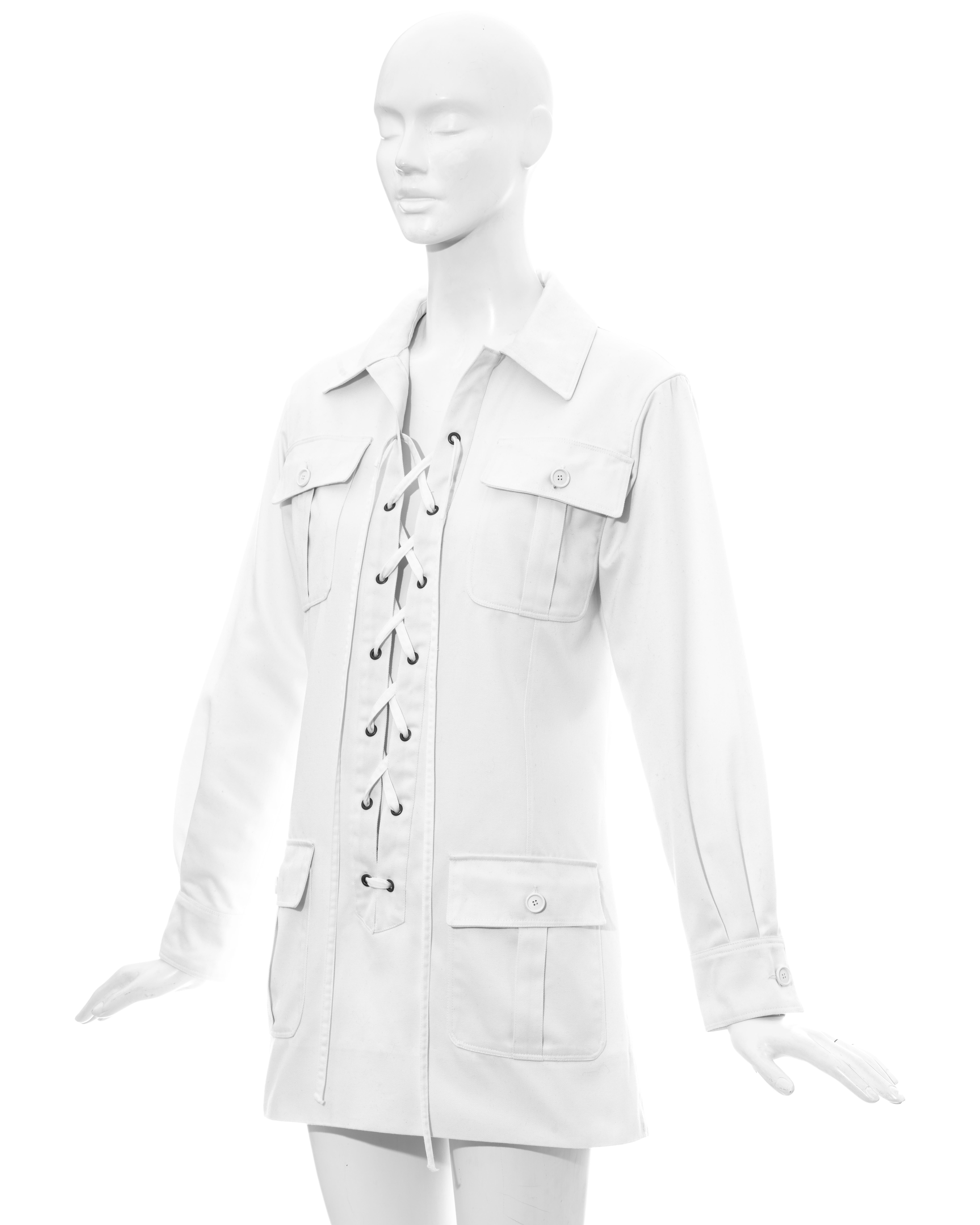 Gray Yves Saint Laurent white gabardine cotton safari mini dress, c. 1968 For Sale