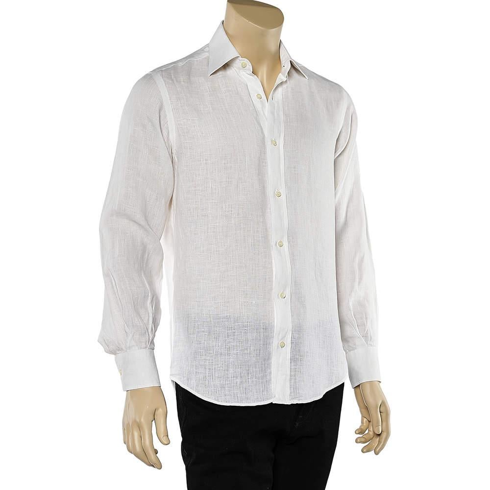 Yves Saint Laurent shirts are designed with a focus on both comfort and luxury so that you can wear them for a long time. This stylish creation is tailored from soft linen and comes in a classic white shade. Long sleeves and a buttoned front design