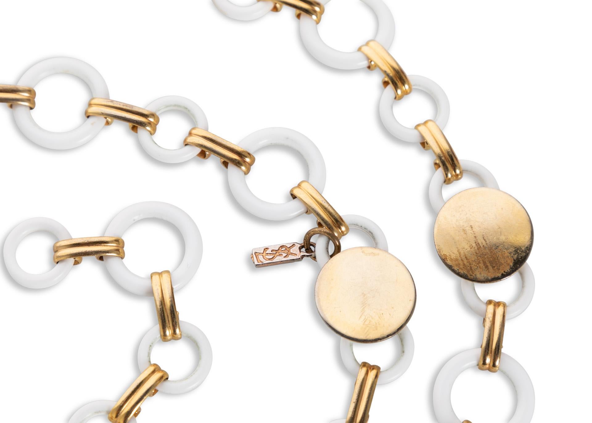 Beige Yves Saint Laurent White Lucite Gold Rings Belt Necklace YSL, 1970s For Sale