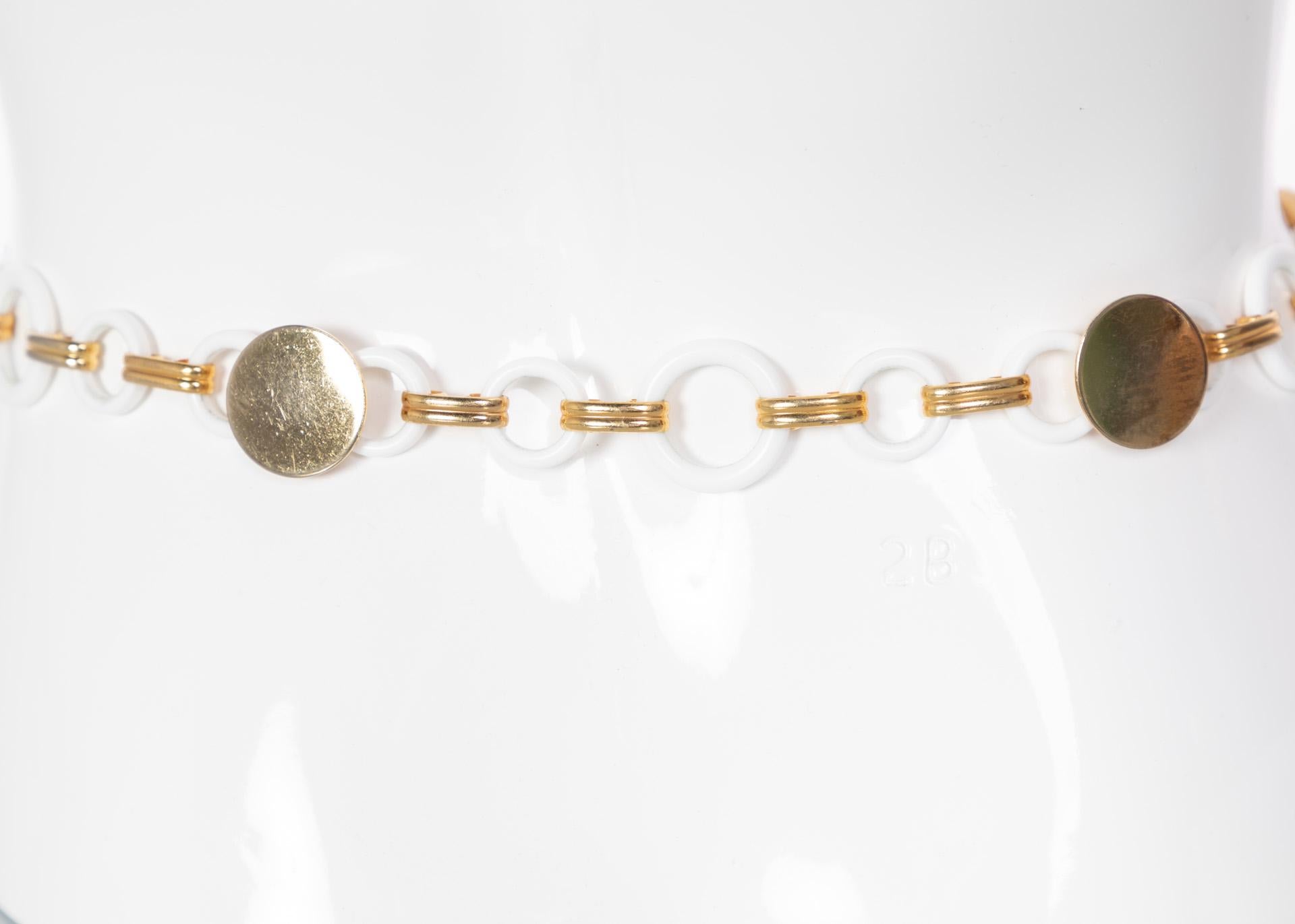 Modern Yves Saint Laurent White Lucite Gold Rings Necklace Belt YSL, 1970s For Sale