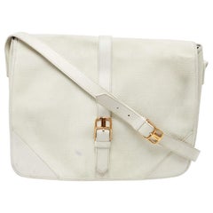 Yves Saint Laurent White Woven Embossed Leather Buckle Flap Messenger Bag