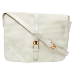 Yves Saint Laurent White Woven Embossed Leather Buckle Flap Messenger Bag