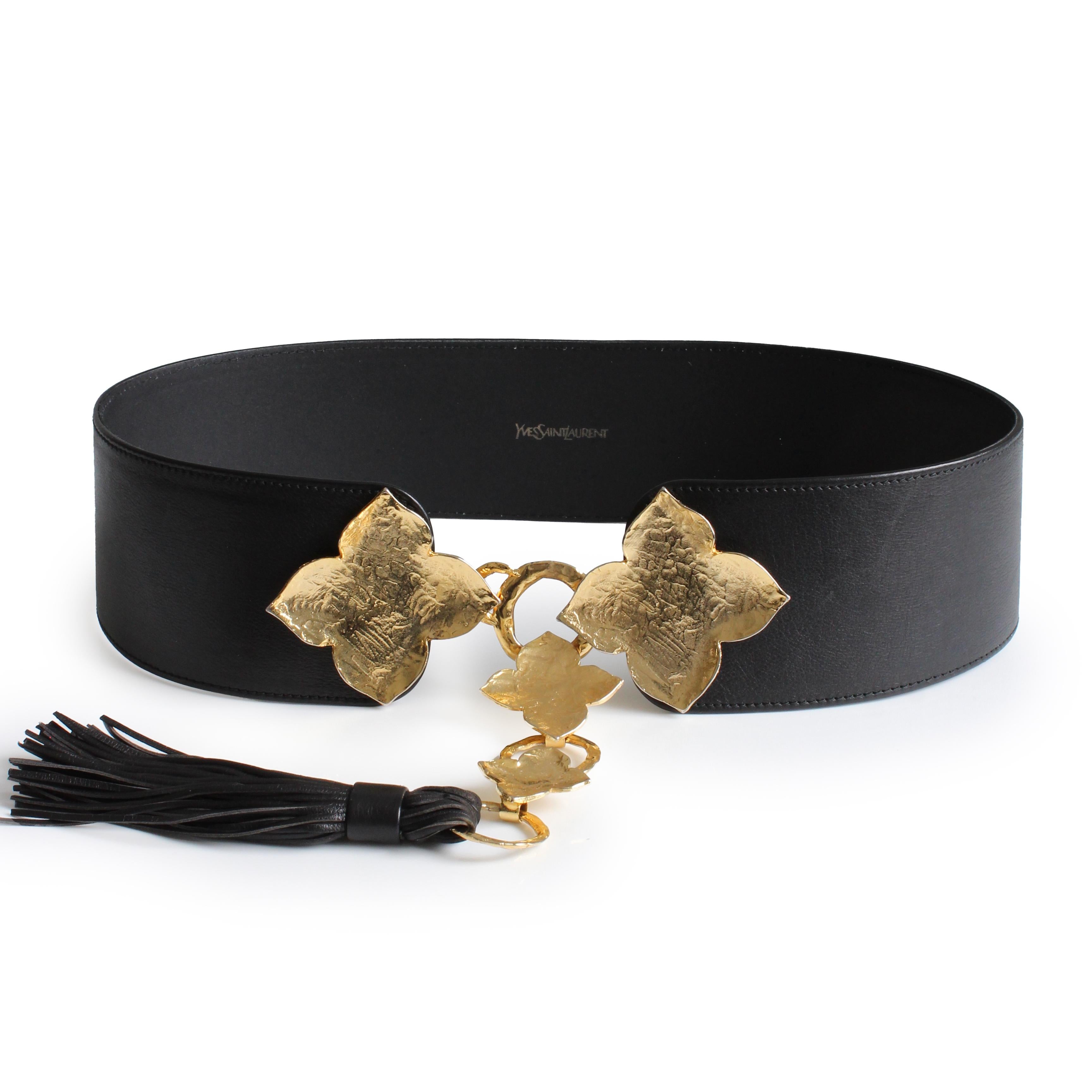 Yves Saint Laurent Wide Belt Oversized Abstract Gold Leaf with Tassel Sz L  In Good Condition For Sale In Port Saint Lucie, FL