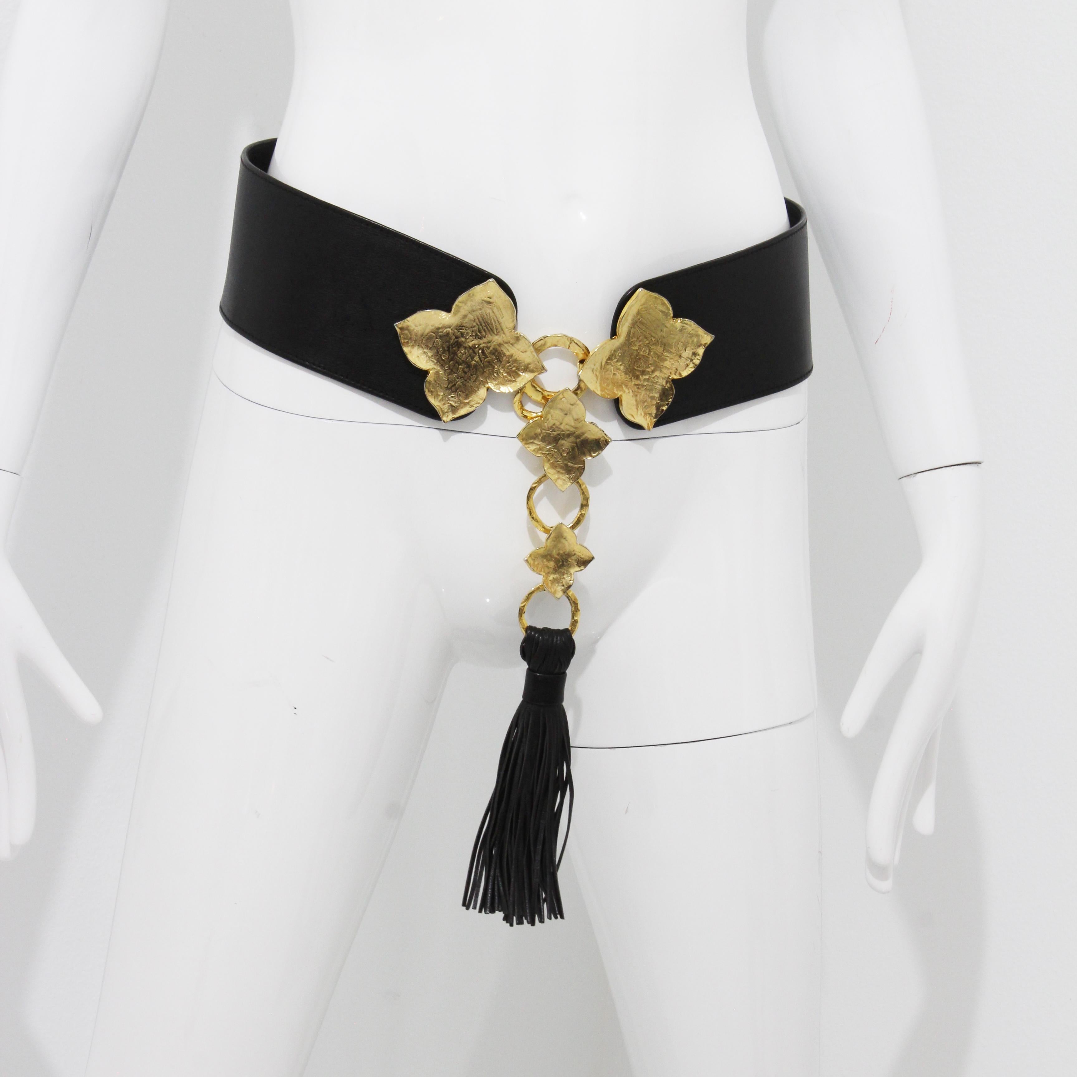 Yves Saint Laurent Wide Belt Oversized Abstract Gold Leaf with Tassel Sz L In Good Condition For Sale In Port Saint Lucie, FL