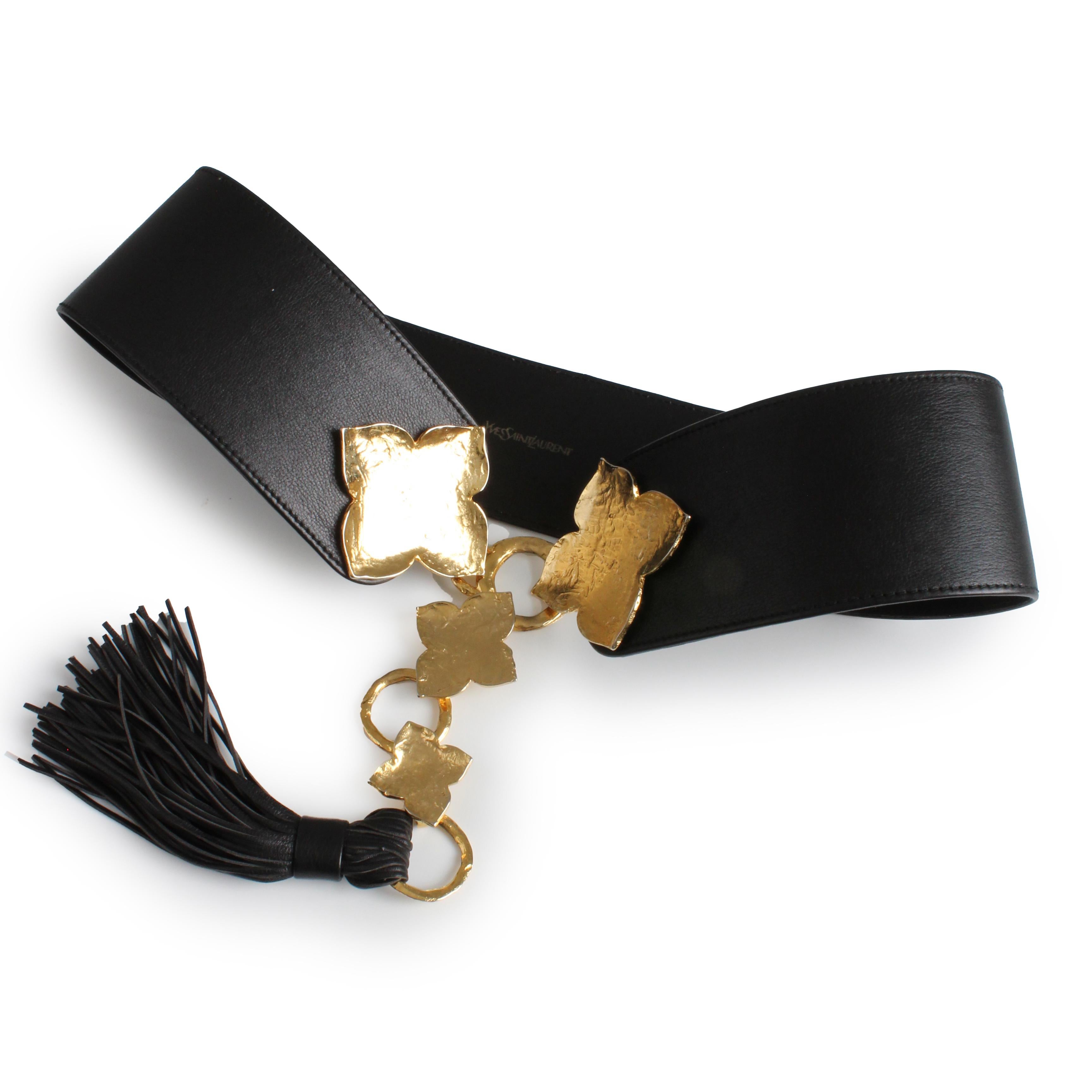 Yves Saint Laurent Wide Belt Oversized Abstract Gold Leaf with Tassel Sz L  For Sale 2