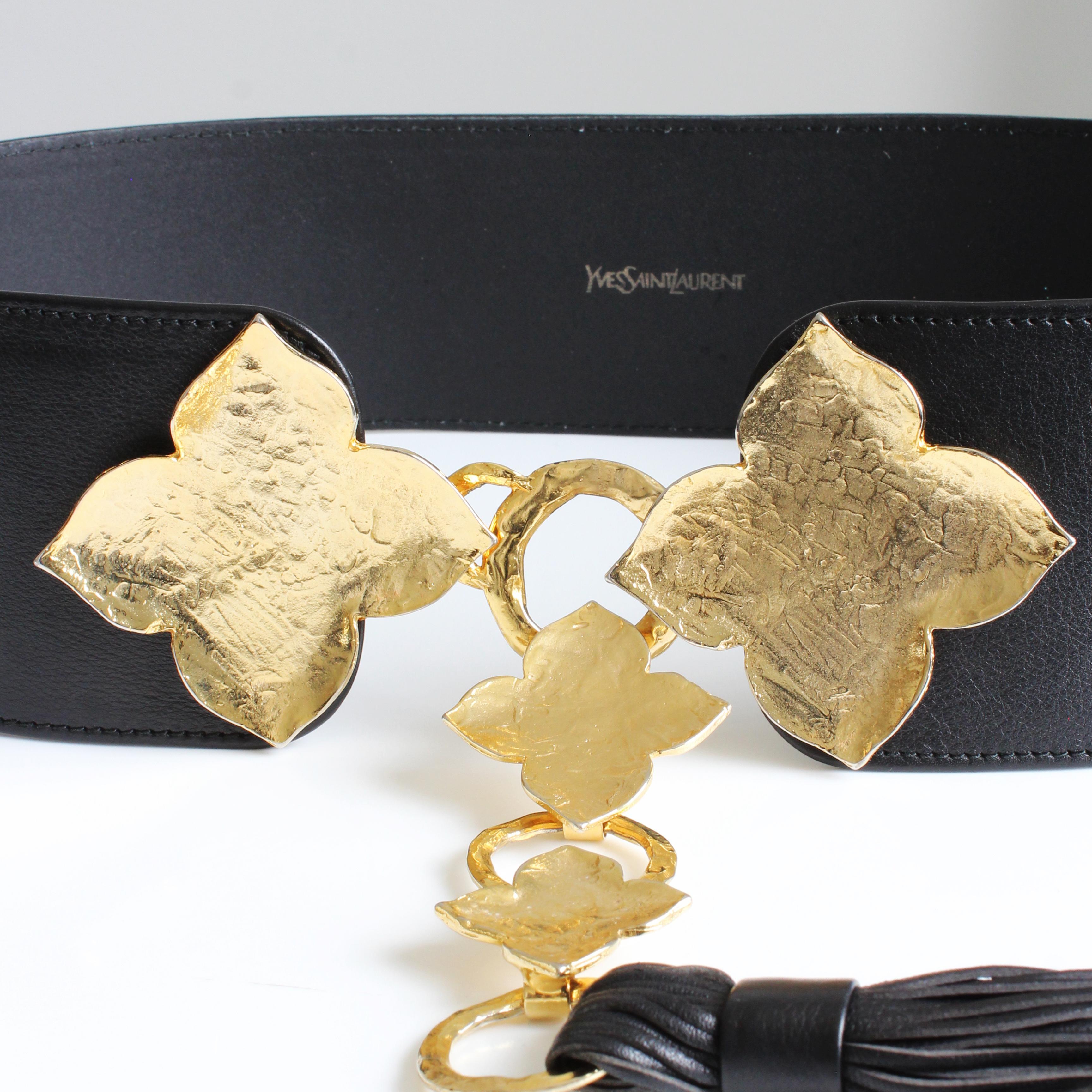 Yves Saint Laurent Wide Belt Oversized Abstract Gold Leaf with Tassel Sz L  For Sale 4