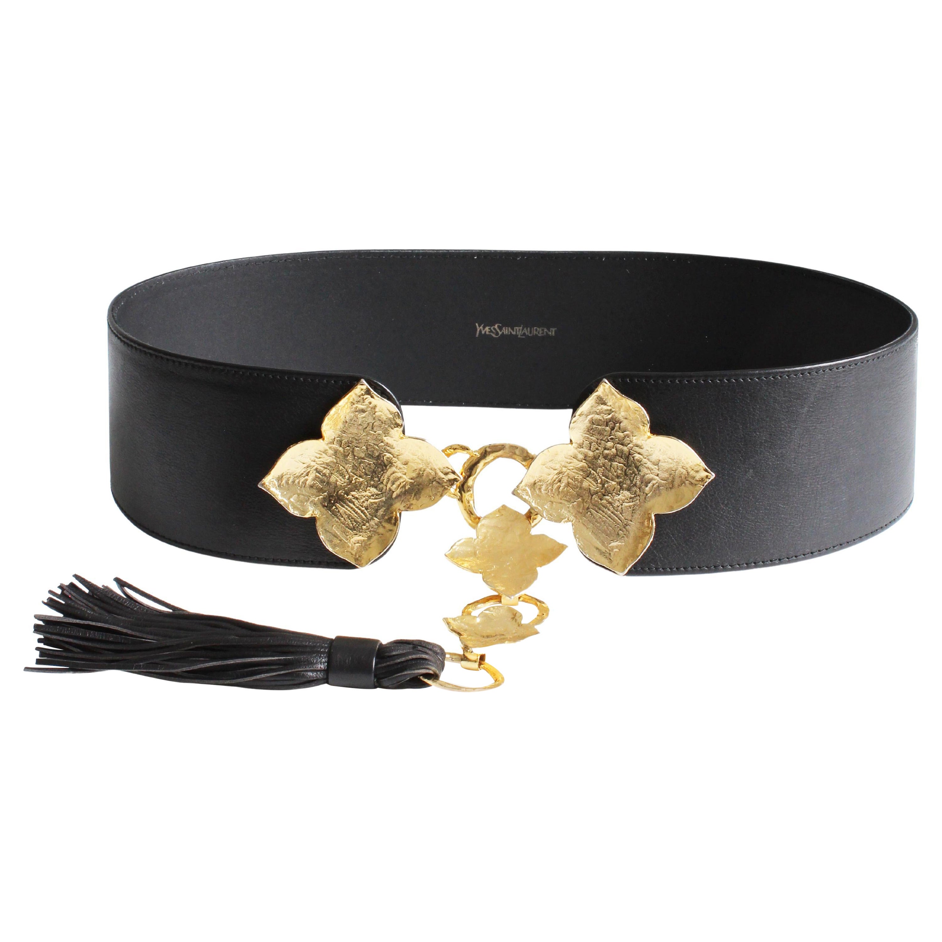 Yves Saint Laurent Wide Belt Oversized Abstract Gold Leaf with Tassel Sz L  For Sale
