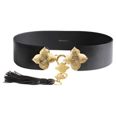 Used Yves Saint Laurent Wide Belt Oversized Abstract Gold Leaf with Tassel Sz L 