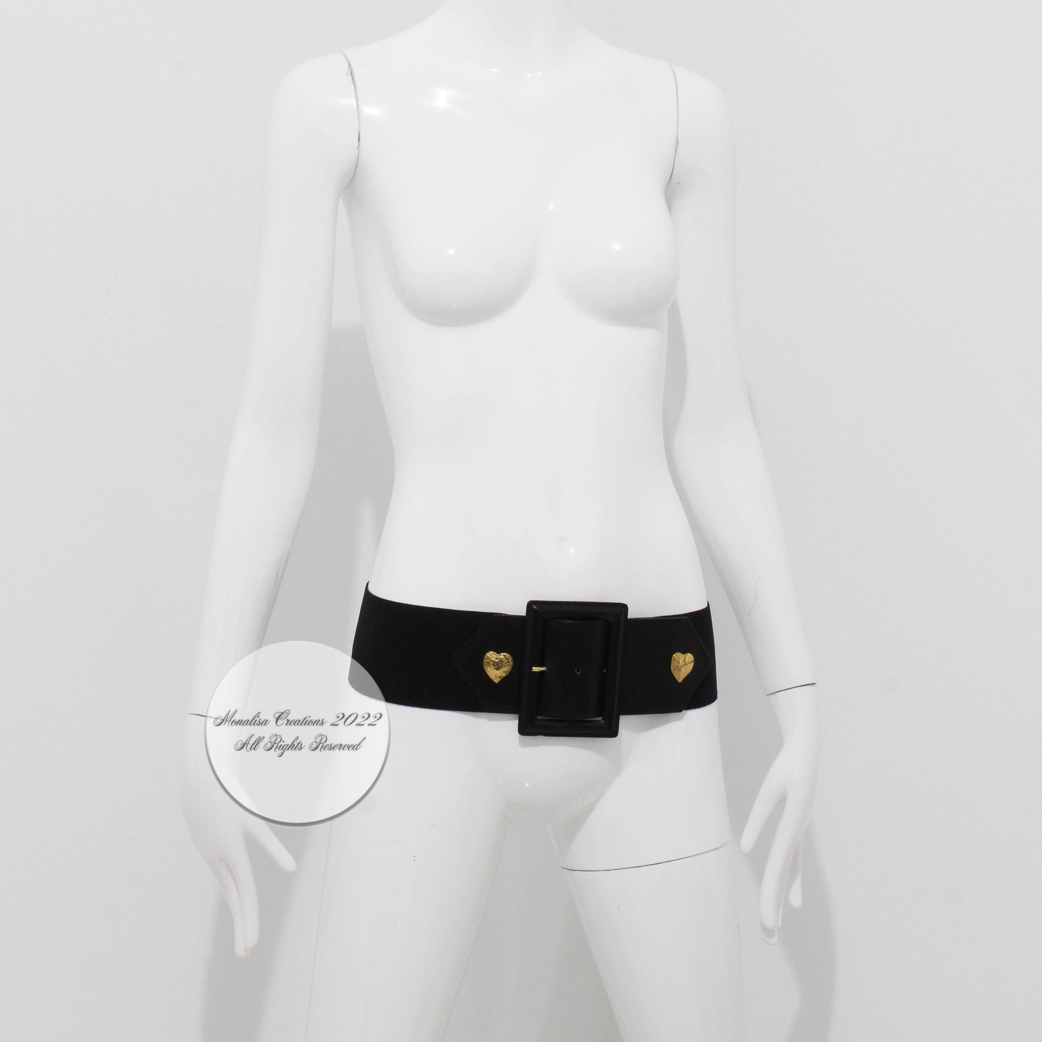 Women's Yves Saint Laurent Wide Belt with Hearts Gold Metal YSL Leather Stretch Size M 