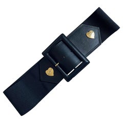 Used Yves Saint Laurent Wide Belt with Hearts Gold Metal YSL Leather Stretch Size M 