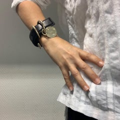 YVES SAINT LAURENT Wide Black Leather Bracelet with 2 Gilt Metal Rings
