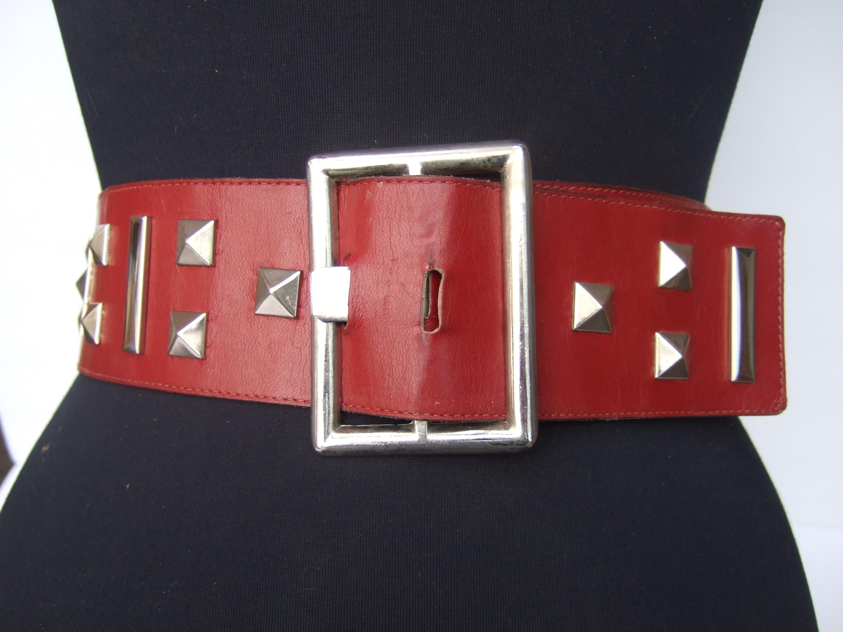 Yves Saint Laurent Wide Red Leather Chrome Grommet Studded Belt c 1970s For Sale 2
