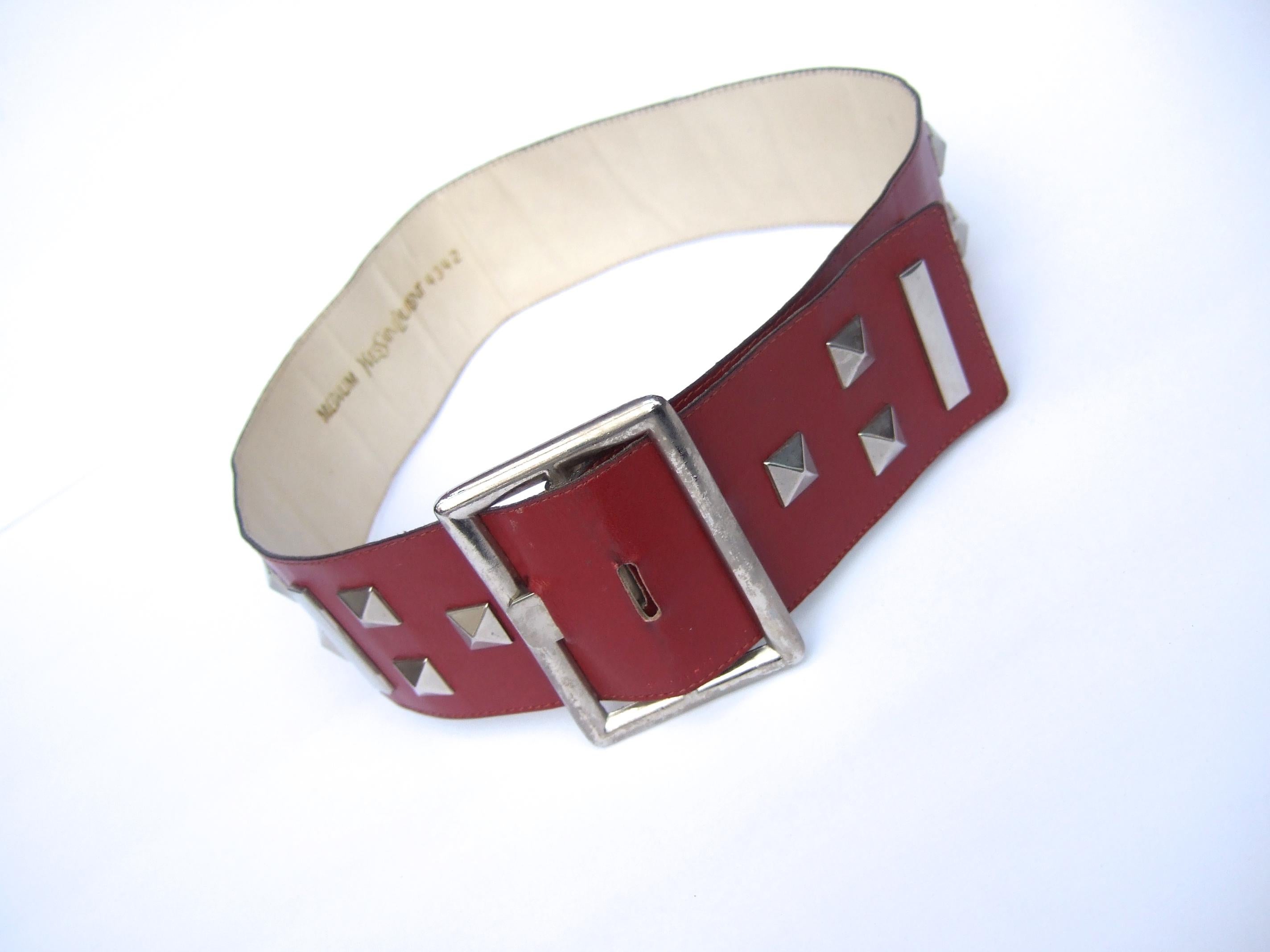 Yves Saint Laurent Wide Red Leather Chrome Grommet Studded Belt c 1970s For Sale 4