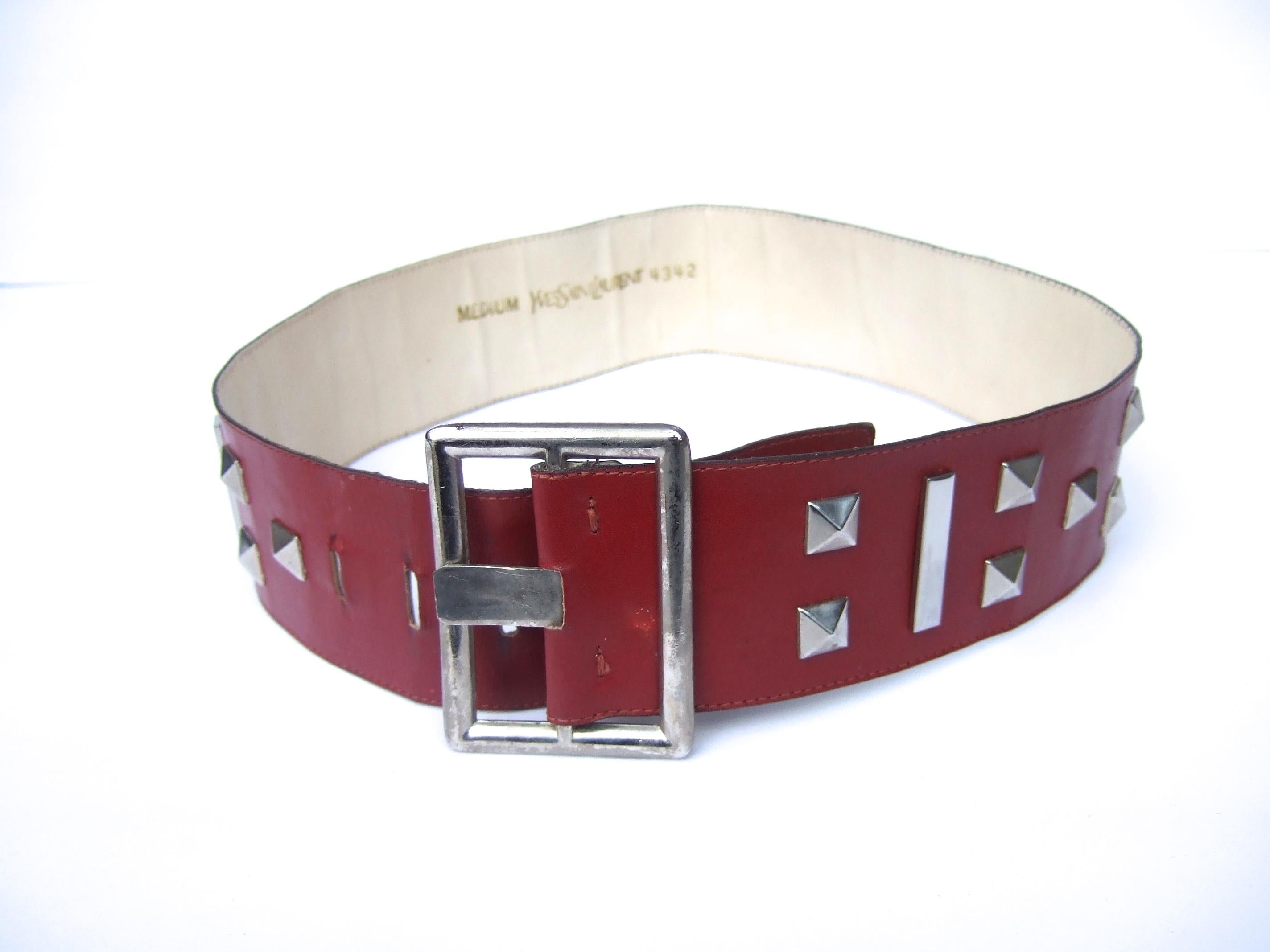 Women's Yves Saint Laurent Wide Red Leather Chrome Grommet Studded Belt c 1970s For Sale