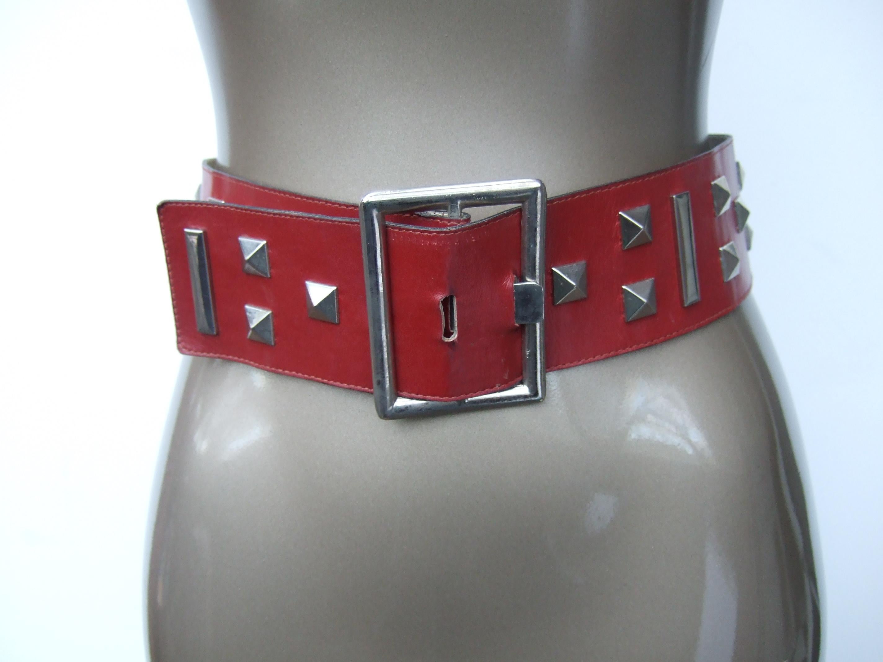 Yves Saint Laurent Wide Red Leather Chrome Grommet Studded Belt c 1970s For Sale 1