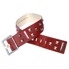 Vintage Yves Saint Laurent Wide Red Leather Chrome Grommet Studded Belt c 1970s