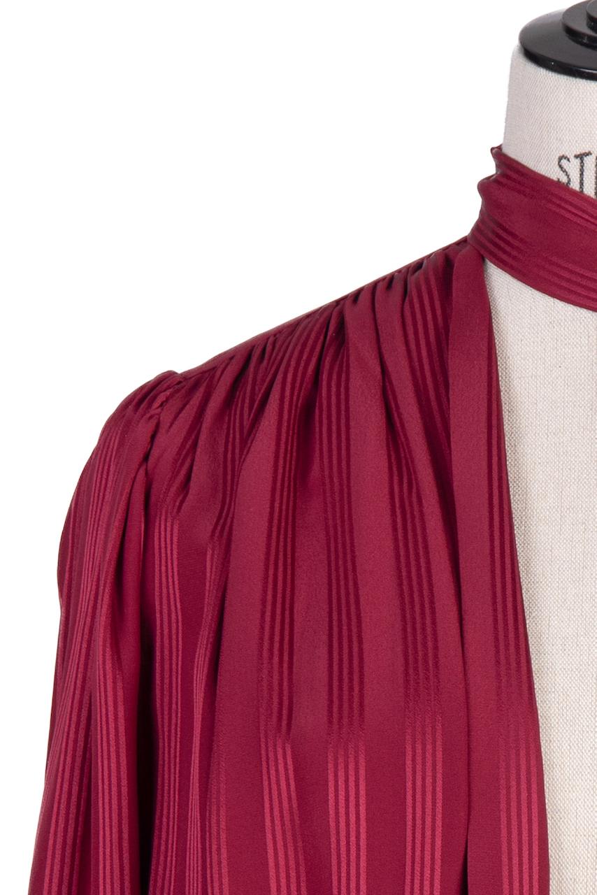 Women's or Men's Yves Saint Laurent YSL Wine Red Silk Tie Neck Open Front Blouse, 1970s/1980s  For Sale