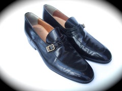 Yves Saint Laurent Women's Black Leather YSL Unisex Italian Loafers c 1970s