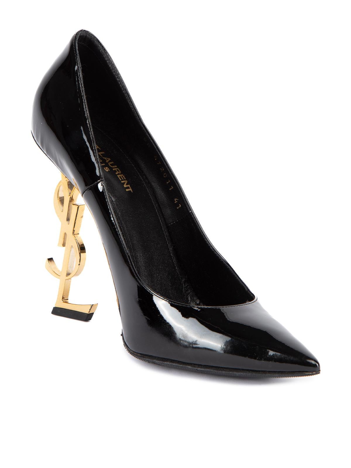 CONDITION is Never worn. No visible wear to heels are evident on this used Yves Saint Laurent designer resale item. This item comes with the original dustbag. Details Black Patent leather Slip on heels Pointed toe High heel Structured heel decorated