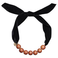 Yves Saint Laurent Wood Necklace with Velvet Sash Circa 1980's or 1990's