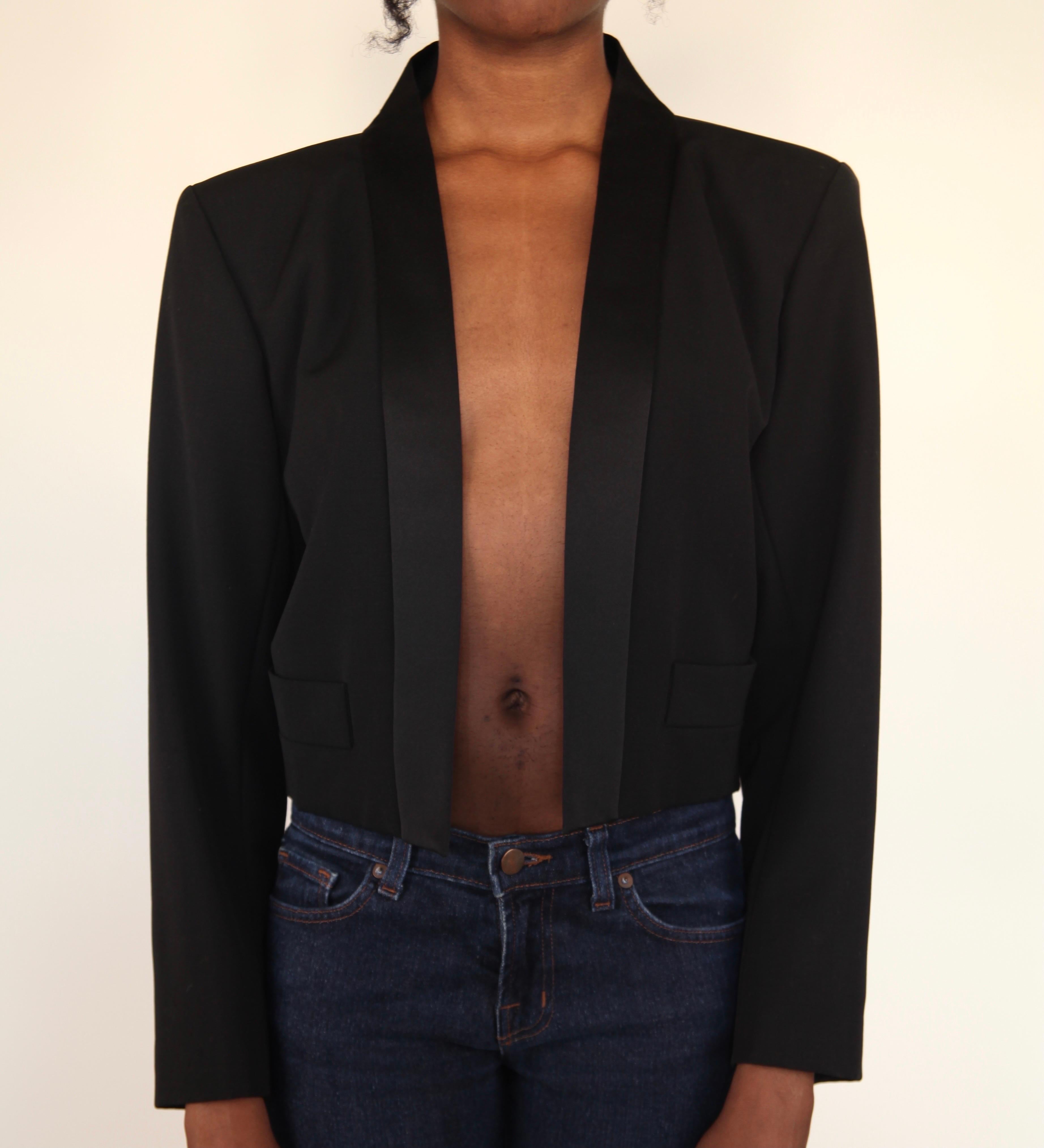 Black Yves Saint Laurent  wool and satin open cropped smoking tuxedo jacket, c.1980  For Sale