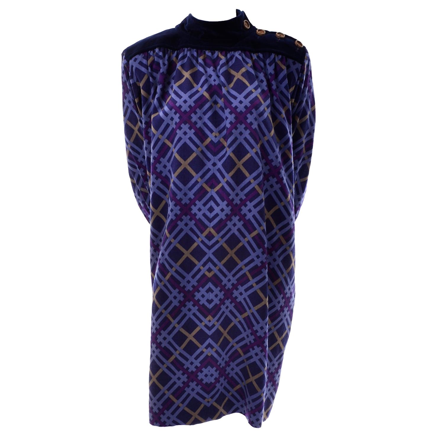 Yves Saint Laurent Wool and Velvet Fall Winter Vintage Plaid Dress