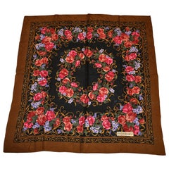 Yves Saint Laurent  Écharpe en challis de laine avec bordure marron cocon et centre à fleurs