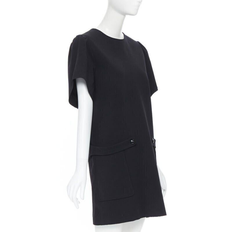 Black YVES SAINT LAURENT wool crepe cape sleeve dual pockets boxy dress FR38 For Sale