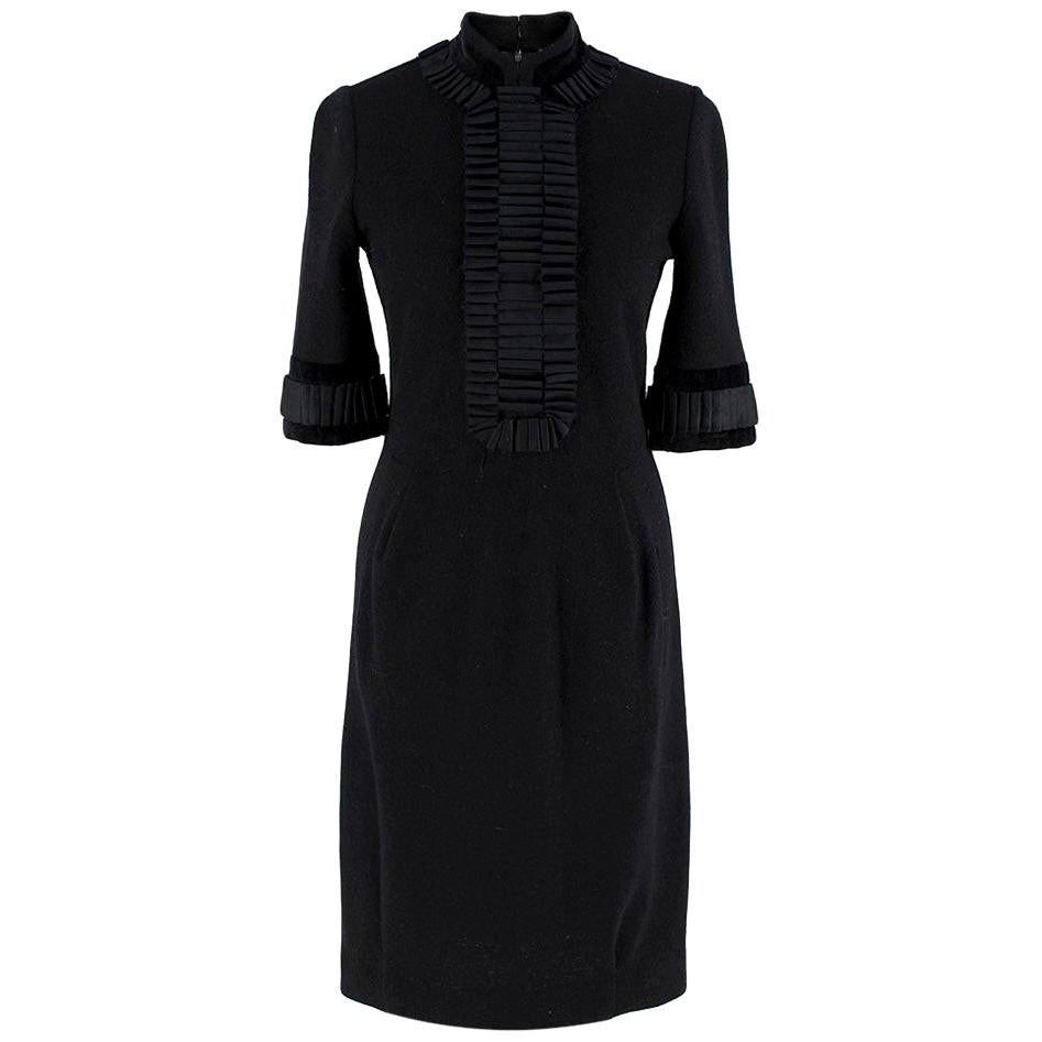 Yves Saint Laurent Wool Ruffle Trim High Neck Dress - Size S For Sale