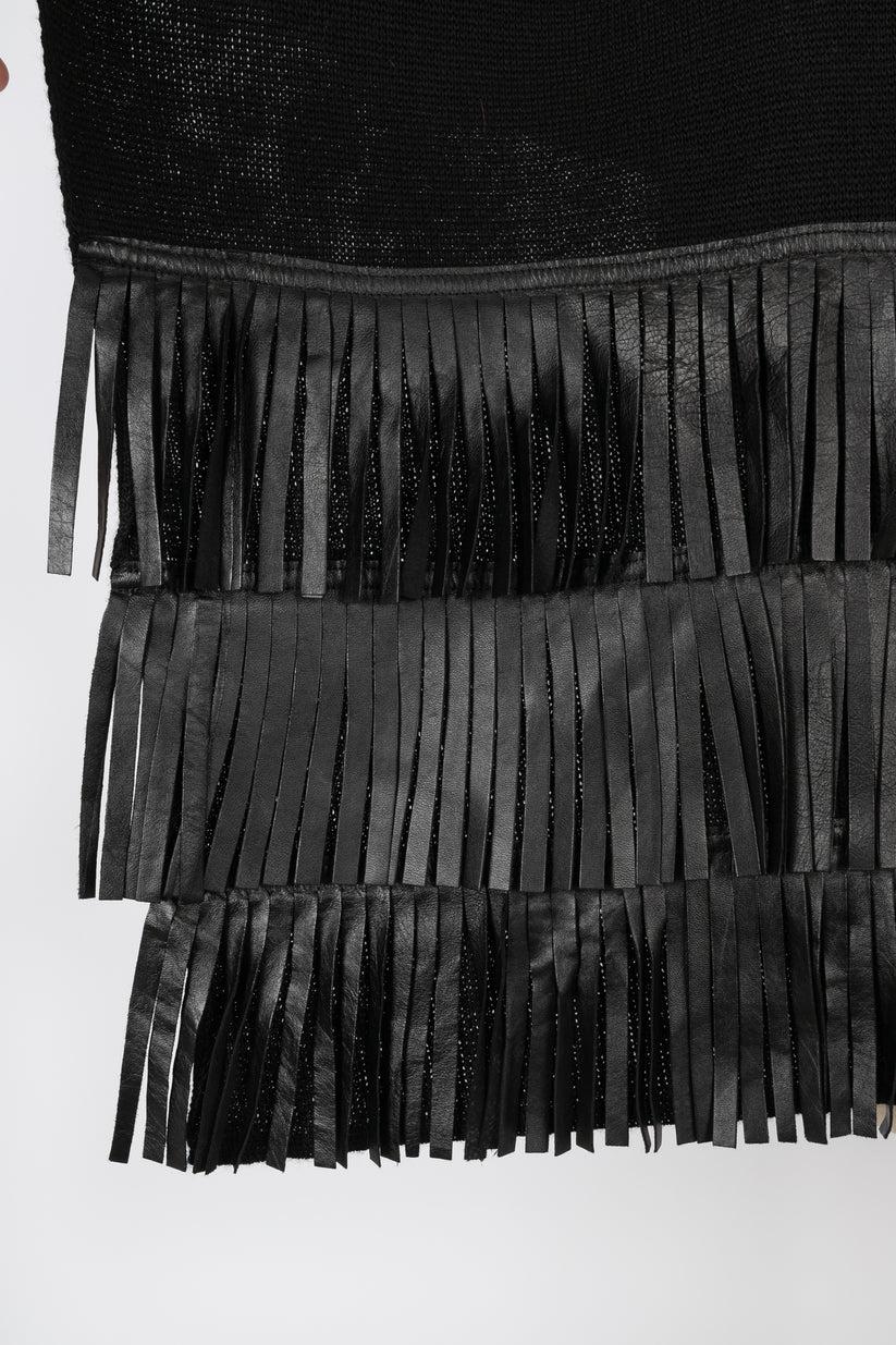 Écharpe en laine avec franges en cuir noir Yves Saint Laurent Pour femmes en vente