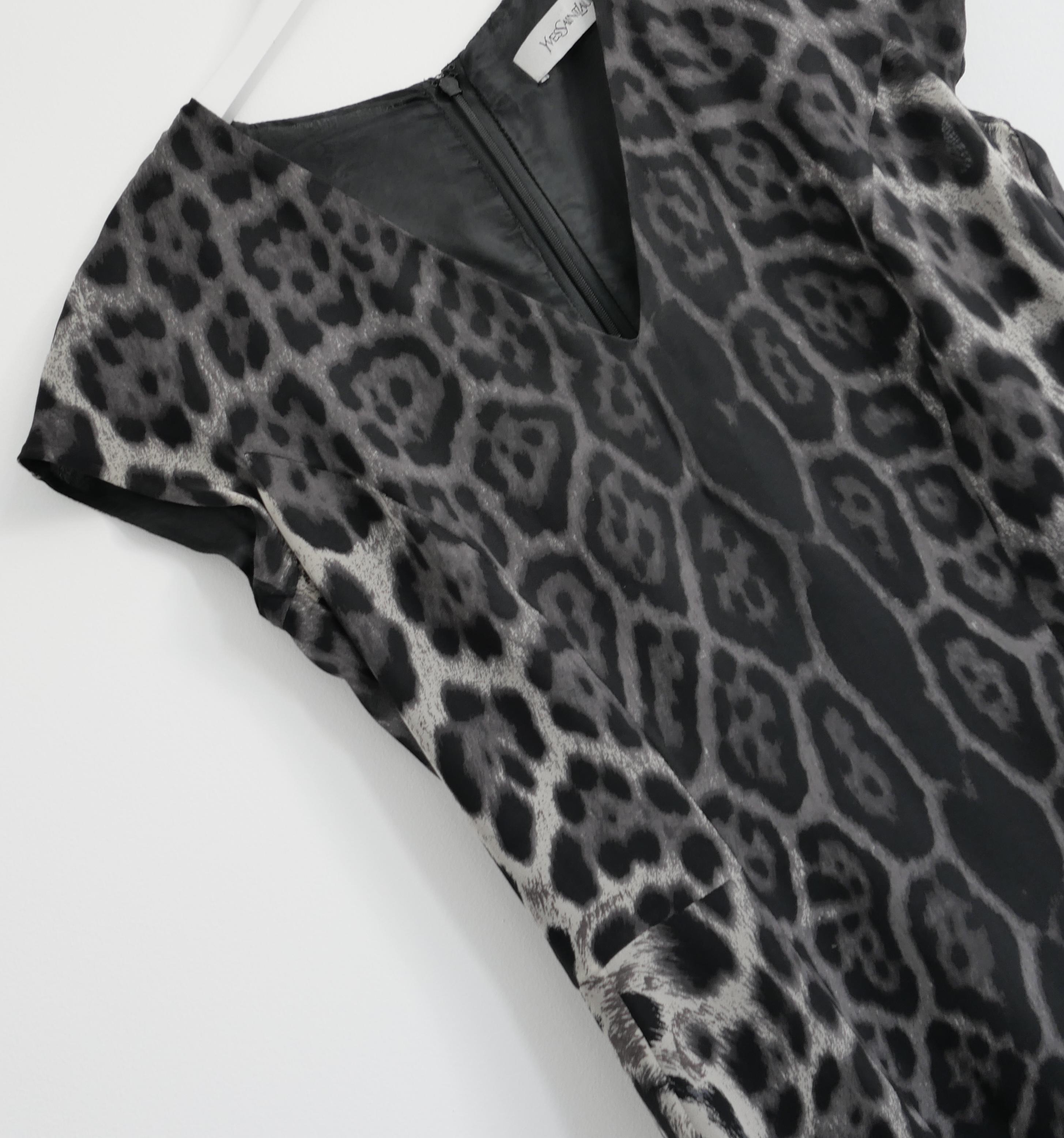 Classic chic archival Yves Saint Laurent leopard print dress from dress from Stefano Pilati's Pre-Fall 2009 collection. Gorgeously crafted from super soft grey and black YSL dotted leopard print silk with a full silk lining. It has a classic shift