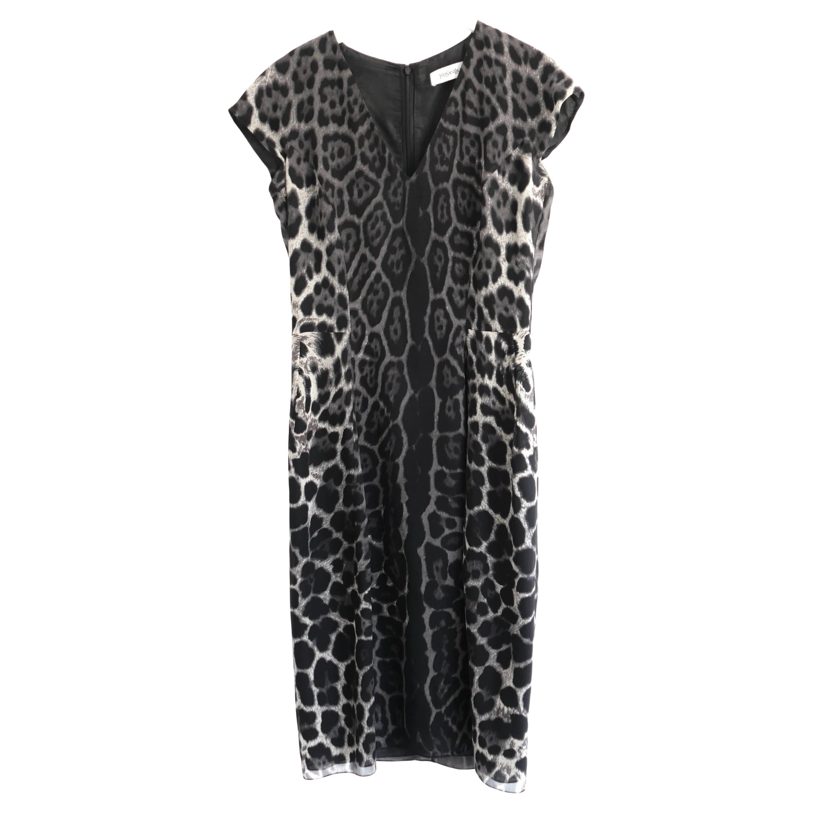 Yves Saint Laurent x Stefano Pilati 2009 Grey Leopard Silk Shift Dress For Sale