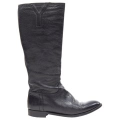 YVES SAINT LAURENT Y logo almond toe black pebble leather flat tall boots EU38.5