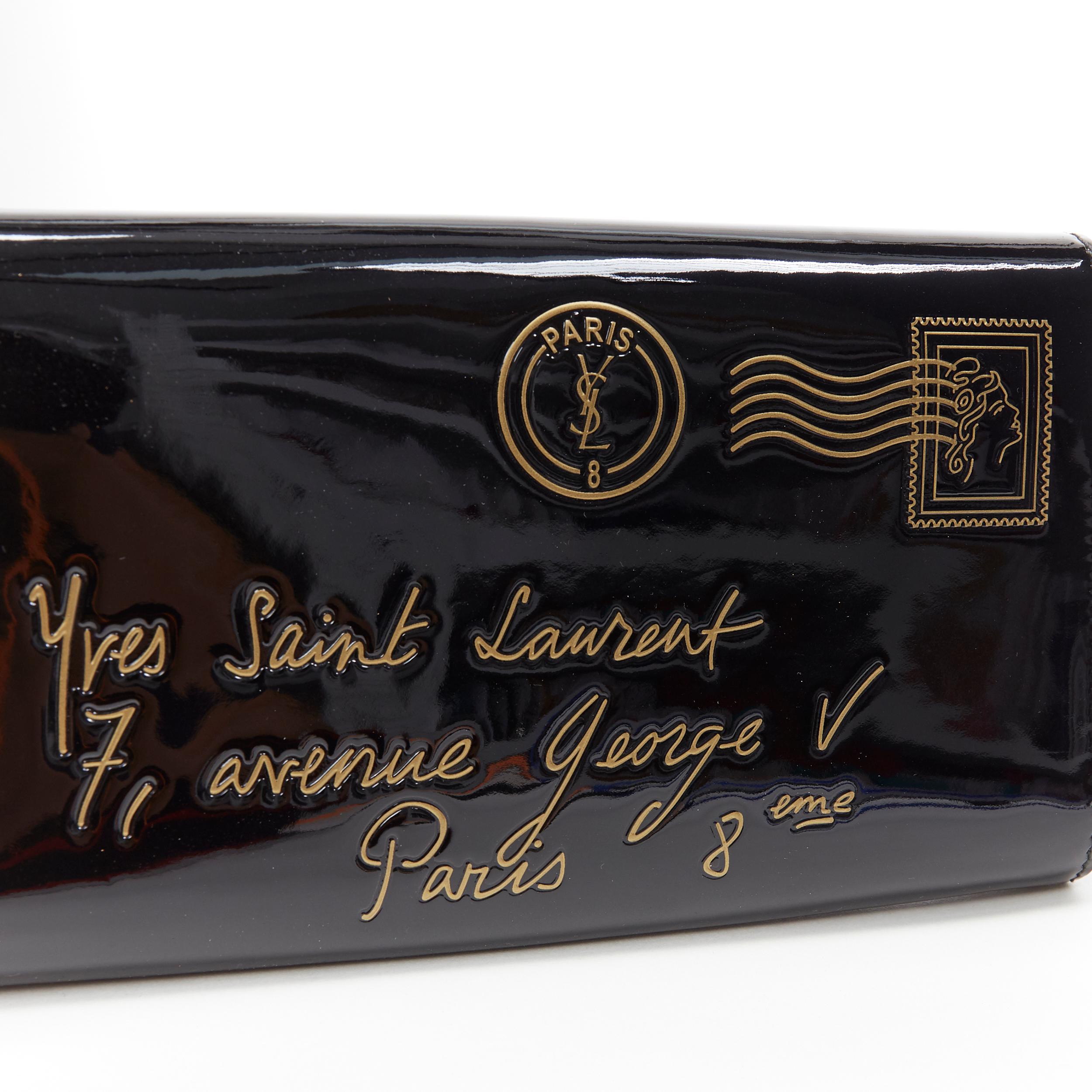 Black YVES SAINT LAURENT Y Mail Envelope black patent gold lettering flap clutch bag