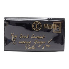 YVES SAINT LAURENT Y Mail Envelope black patent gold lettering flap clutch bag