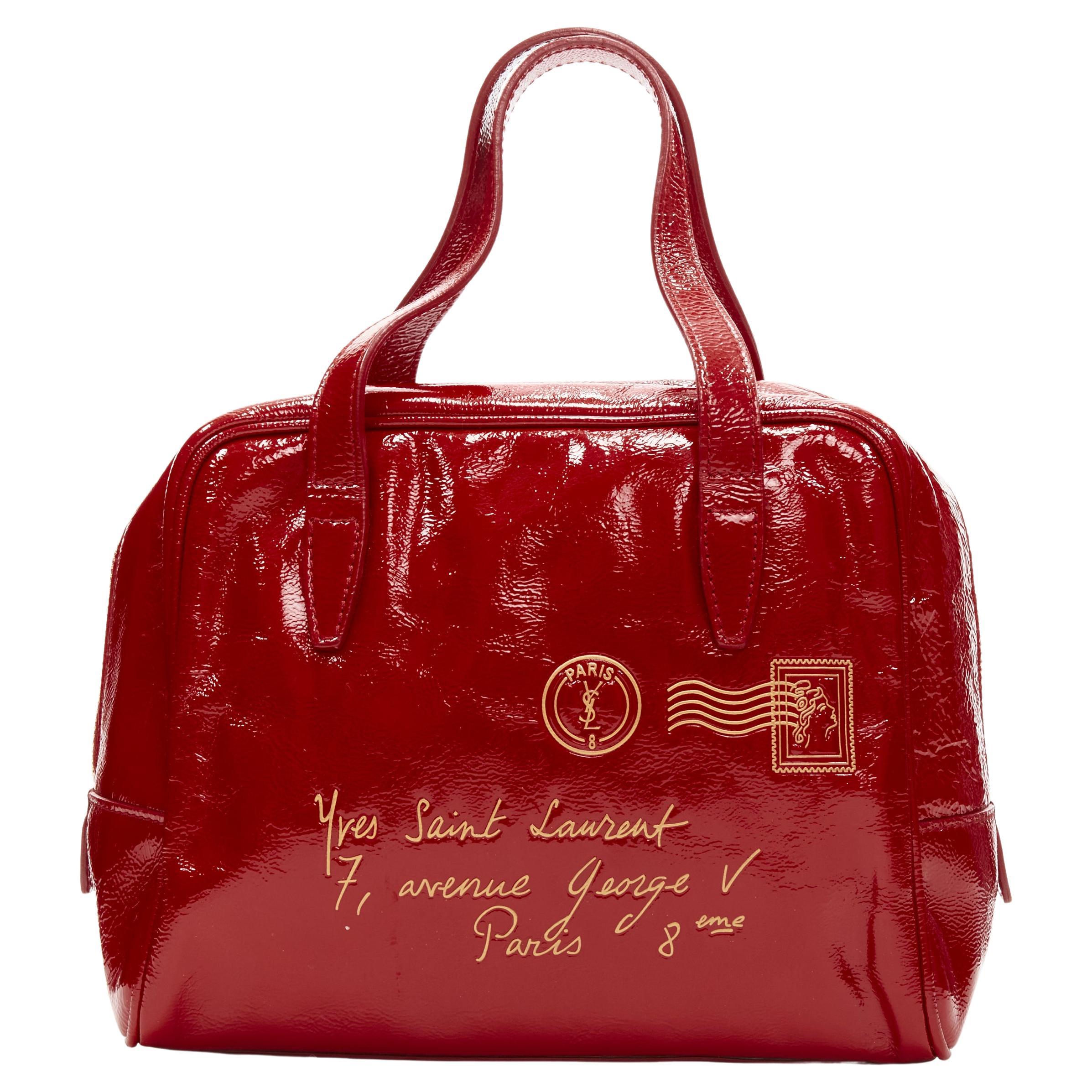 YVES SAINT LAURENT Y-Mail red crinkled patent leather gold letter print bag
