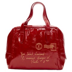 YVES SAINT LAURENT Y-Mail red crinkled patent leather gold letter print bag