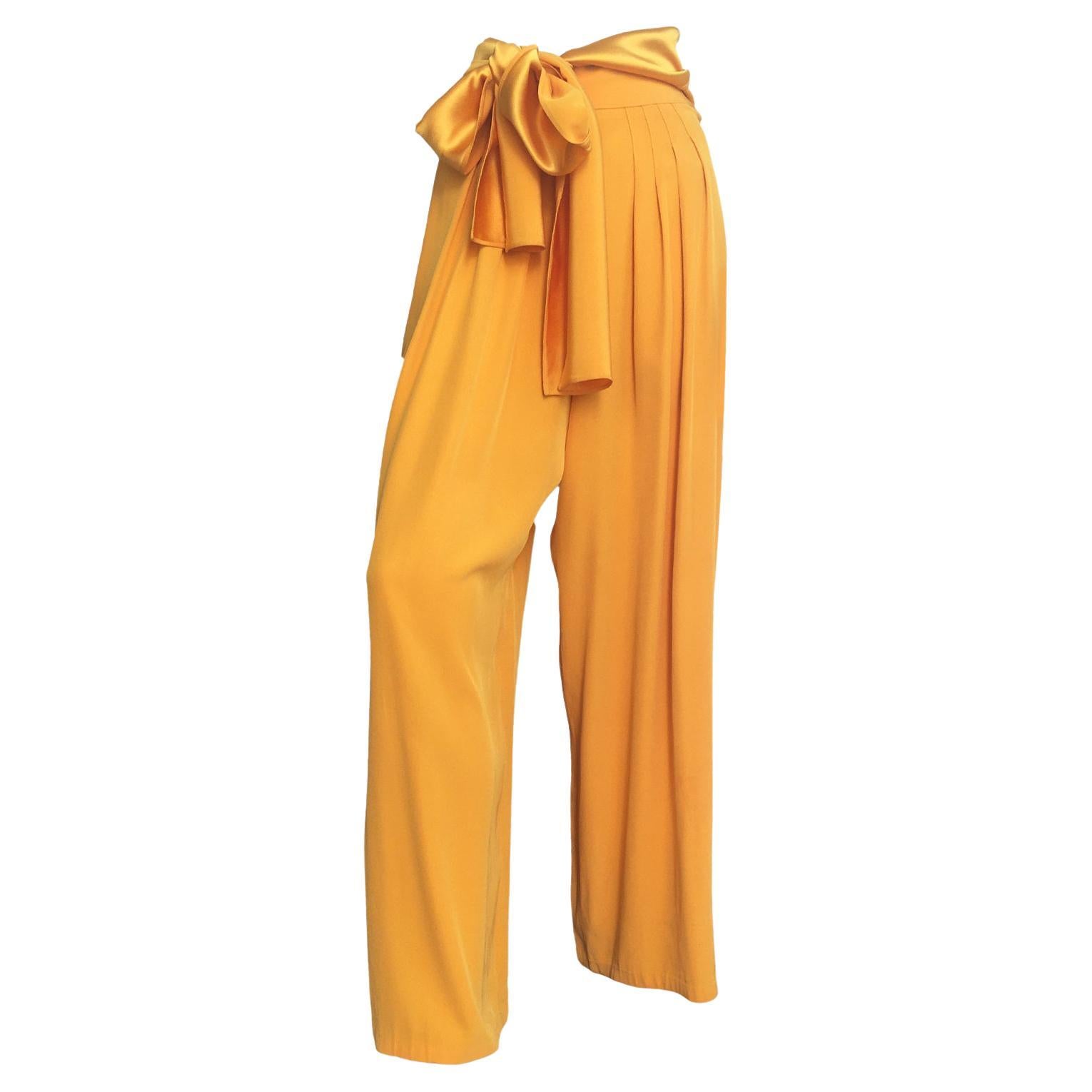 Yves Saint Laurent Yellow Trouser Wide Pants Knot Ribbon 1980's For Sale
