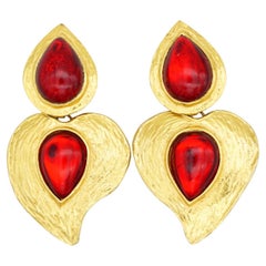 Yves Saint Laurent YS Massive Gripoix Gold Ruby Red Cabochon Heart Earrings
