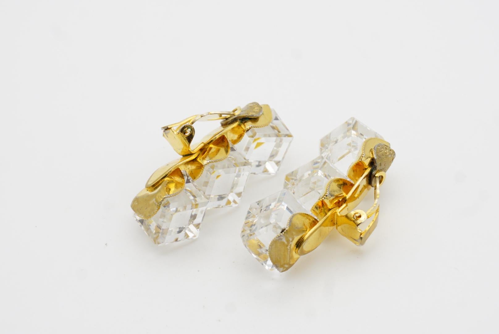 Yves Saint Laurent YSL 1960s 3D Trio Clear Crystals Cube Chunky Clip Earrings For Sale 6