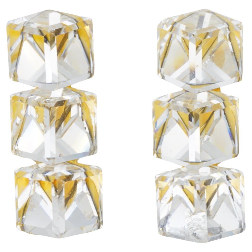 Yves Saint Laurent YSL 1960s 3D Trio Clear Crystals Cube Chunky Clip Earrings For Sale