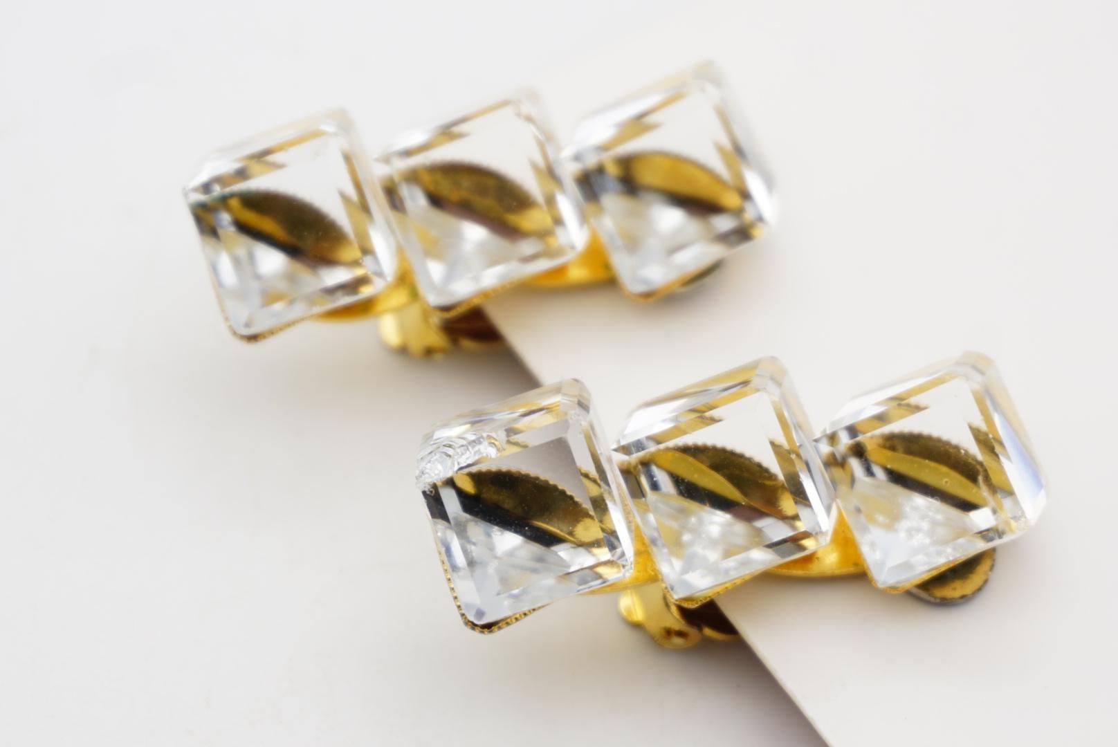 Yves Saint Laurent YSL 1960s Trio Clear Crystal Cube Long Shining Clip Earrings For Sale 5